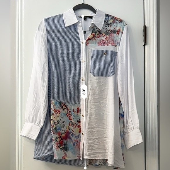 Caleoas Women’s Patchwork Button-Down Shirt Floral and Striped Design, Size M - Picture 10 of 11